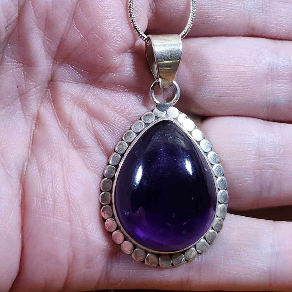Vintage Womens Large Amethyst Necklace 925 Sterling Silver